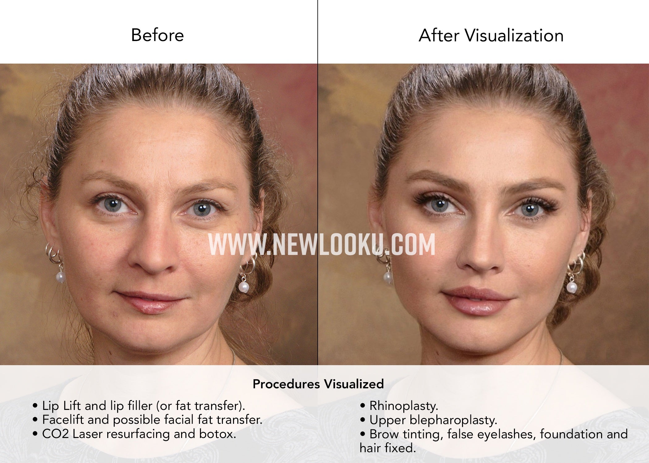 Middleaged Woman Plastic Surgery Simulation Before & After Photo.